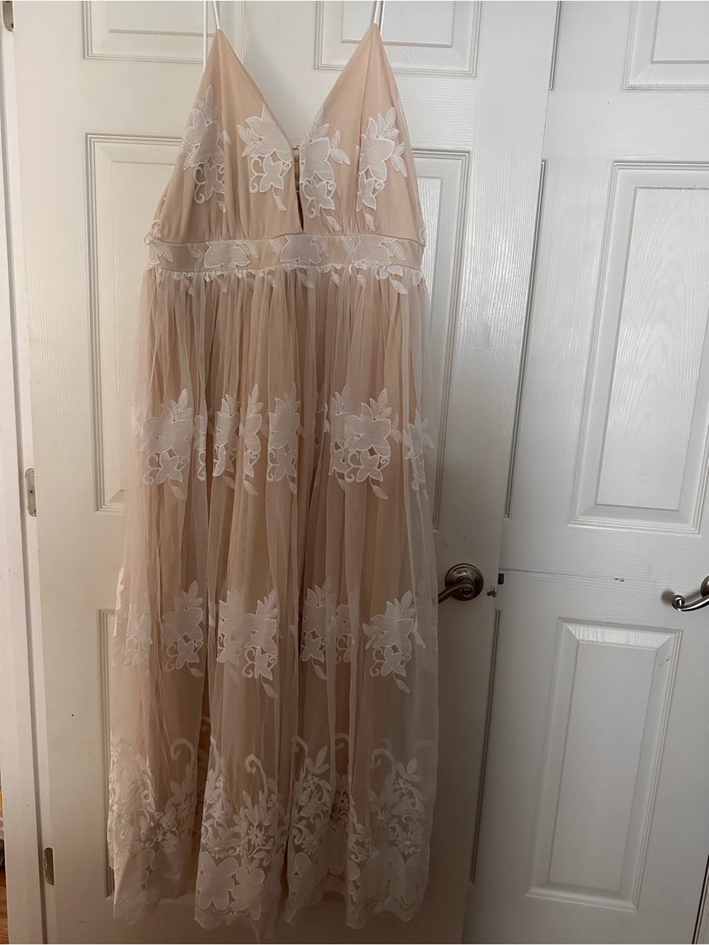 Nude Embroidered Tulle Maxi Dress with Spaghetti Straps